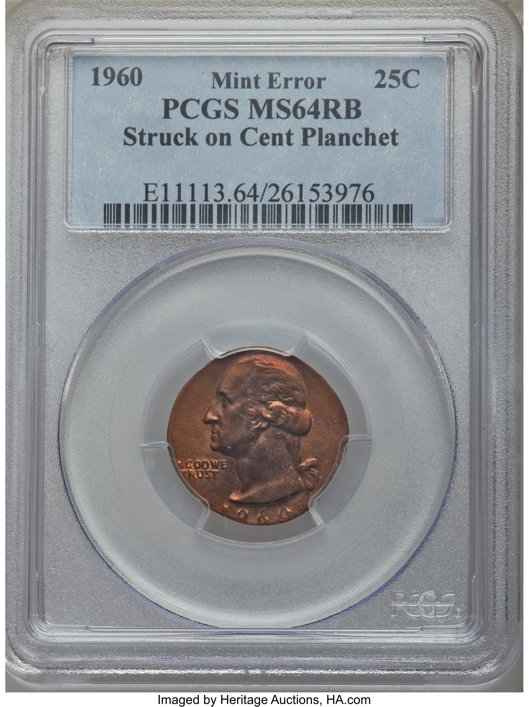 1960 25C Washington Quarter -- Struck On Cent Planchet -- MS64 RB PCGS. ...