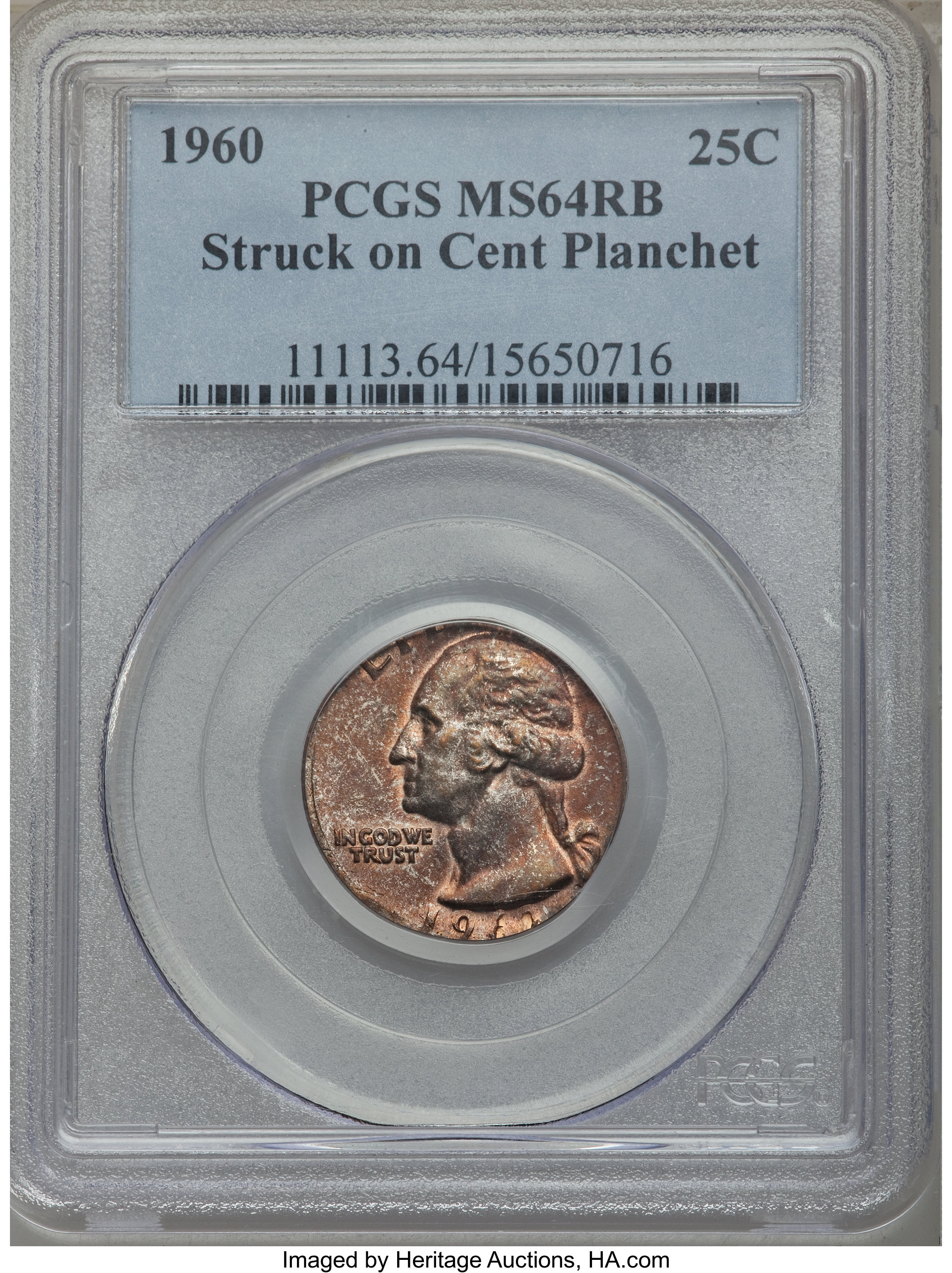 1960 25C Washington Quarter -- Struck on Cent Planchet -- MS64 RB PCGS. ...