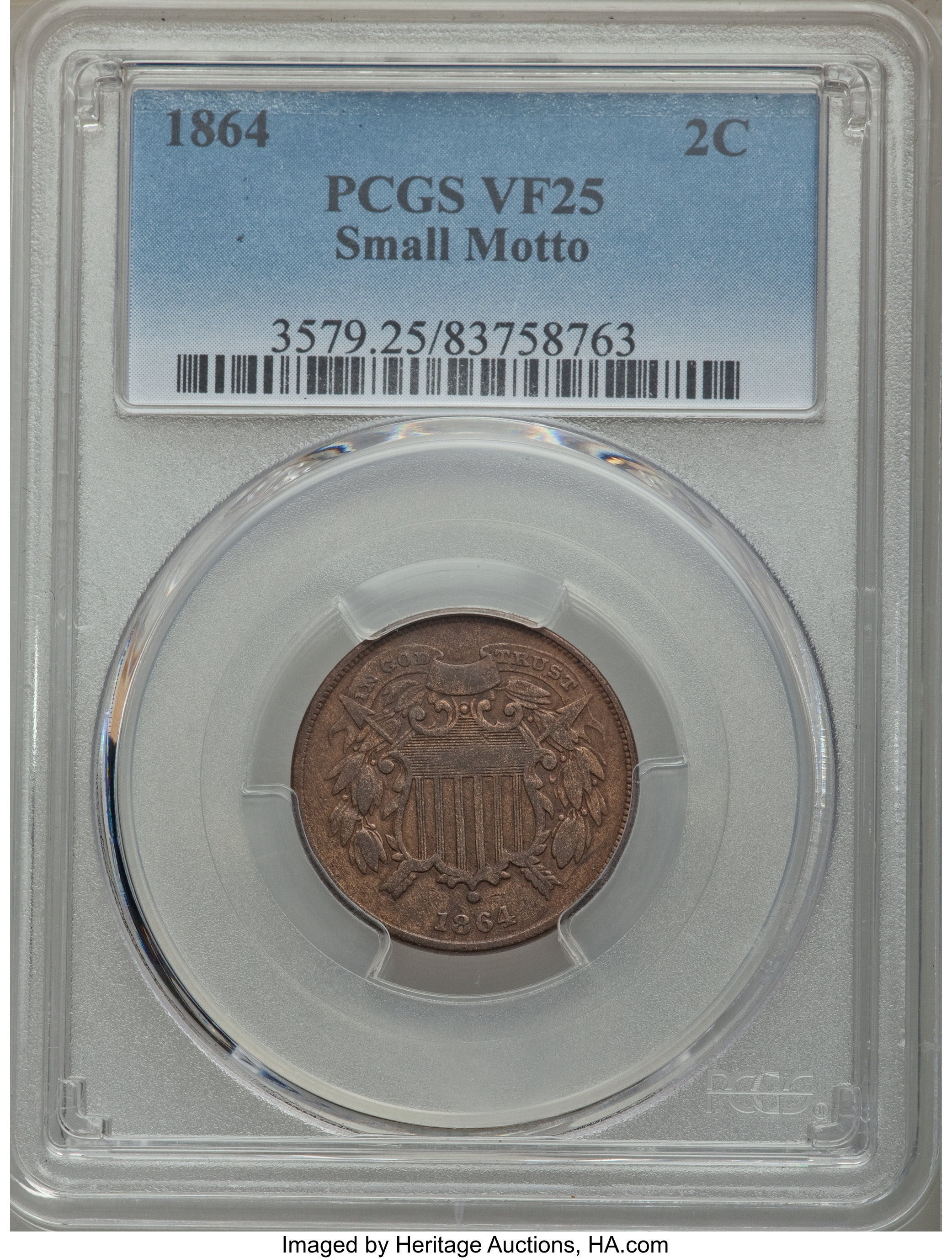 1864 2C Small Motto VF25 PCGS. PCGS Population: (25/449). NGC Census: (7/341). Mintage 19,847,500. ...