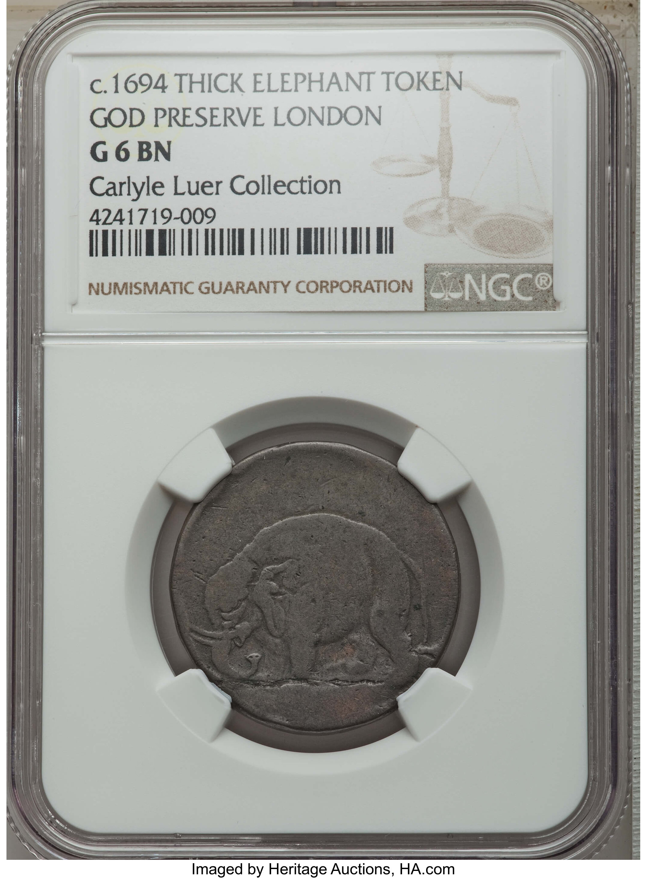 (1694) 1/2 P London Elephant Token, Thick Planchet, Good 6 NGC. Hodder 2-B, W-12040, R.2. Ex: Carlyle Luer Collection. ...