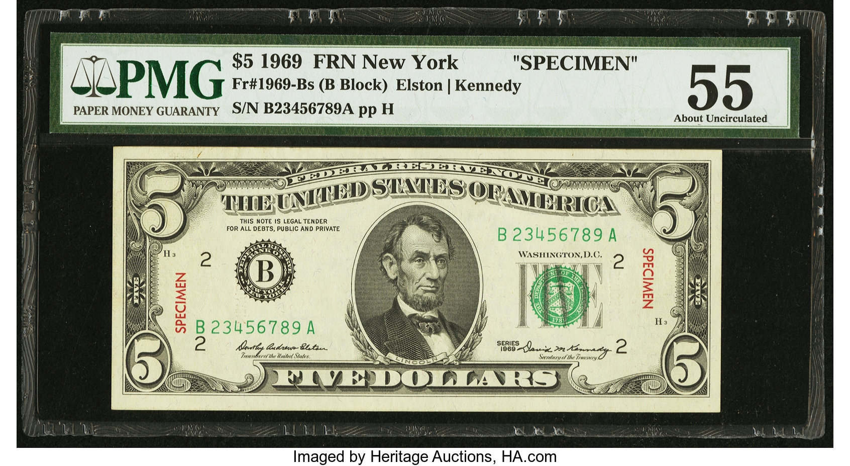 image for: Fr. 1969-Bs $5 1969 Federal Reserve Note. PMG About Uncirculated 55 Specimen....