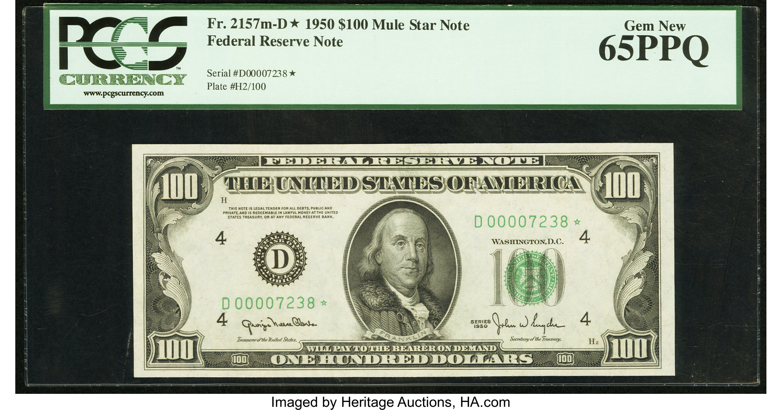 image for: Fr. 2157-D* $100 1950 Mule Federal Reserve Note. PCGS Gem New 65PPQ....
