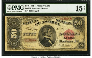 image for: Fr. 376 $50 1891 Treasury Note PMG Choice Fine 15 Net....