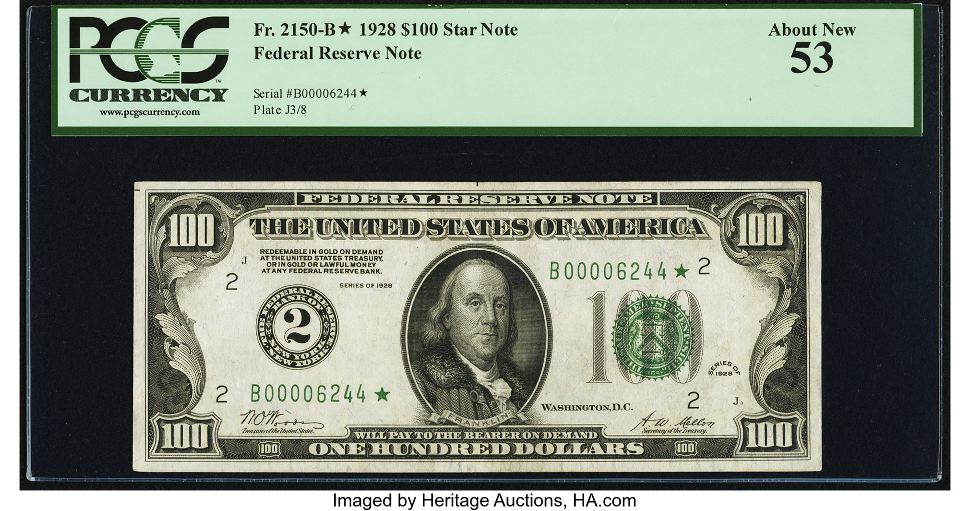 image for: Fr. 2150-B* $100 1928 Federal Reserve Note. PCGS About New 53....