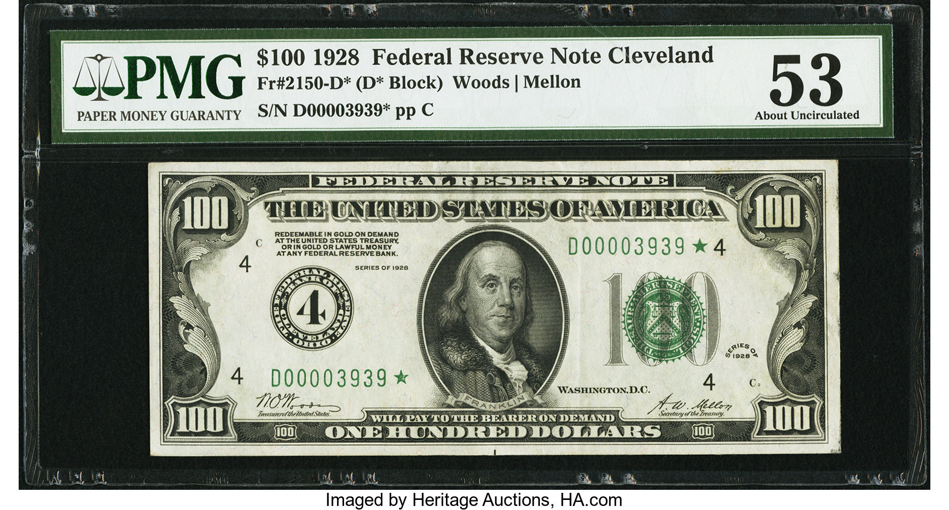 image for: Fr. 2150-D* $100 1928 Federal Reserve Note. PMG About Uncirculated 53....