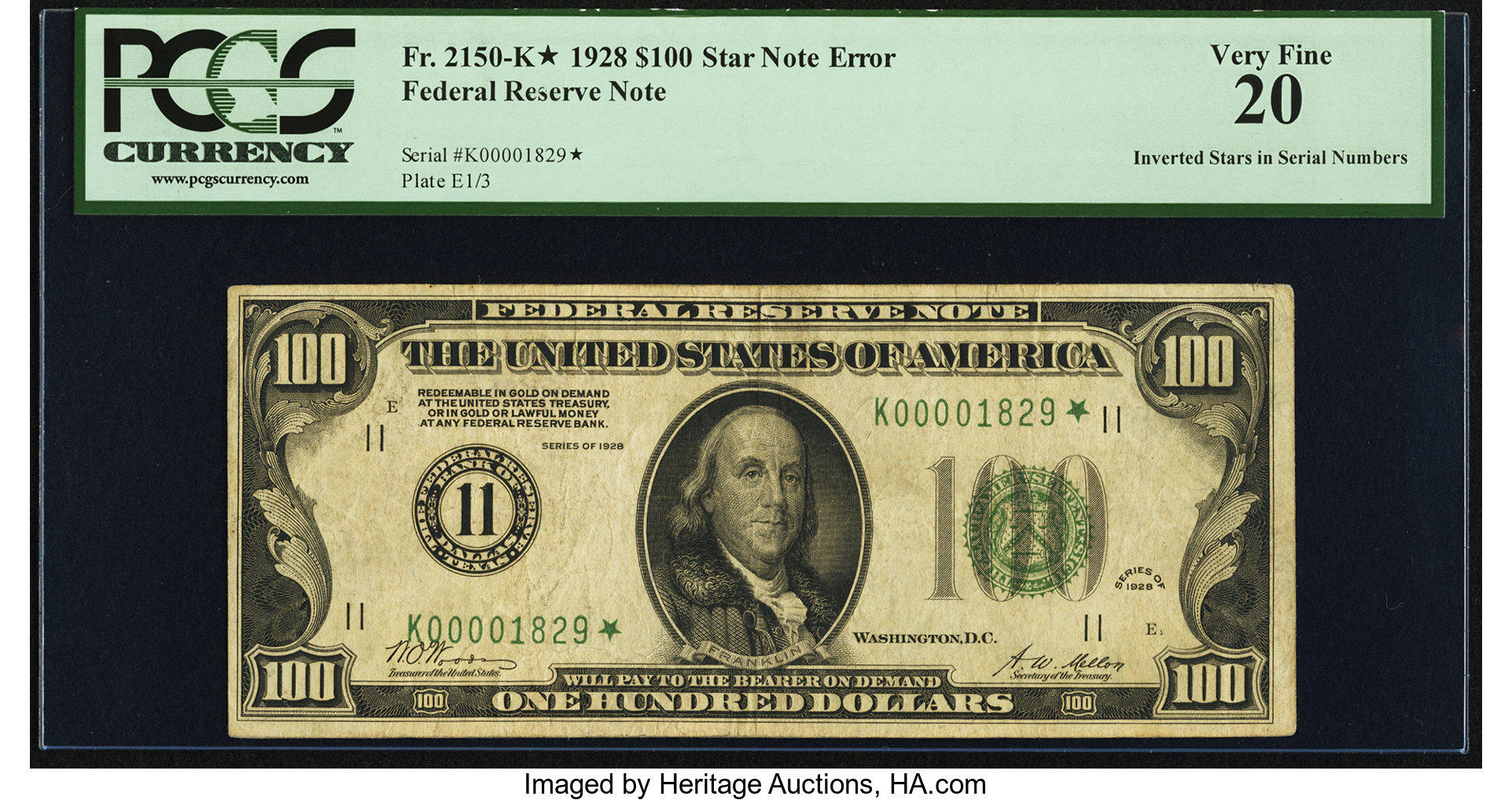 image for: Fr. 2150-K* $100 1928 Federal Reserve Note. PCGS Very Fine 20....