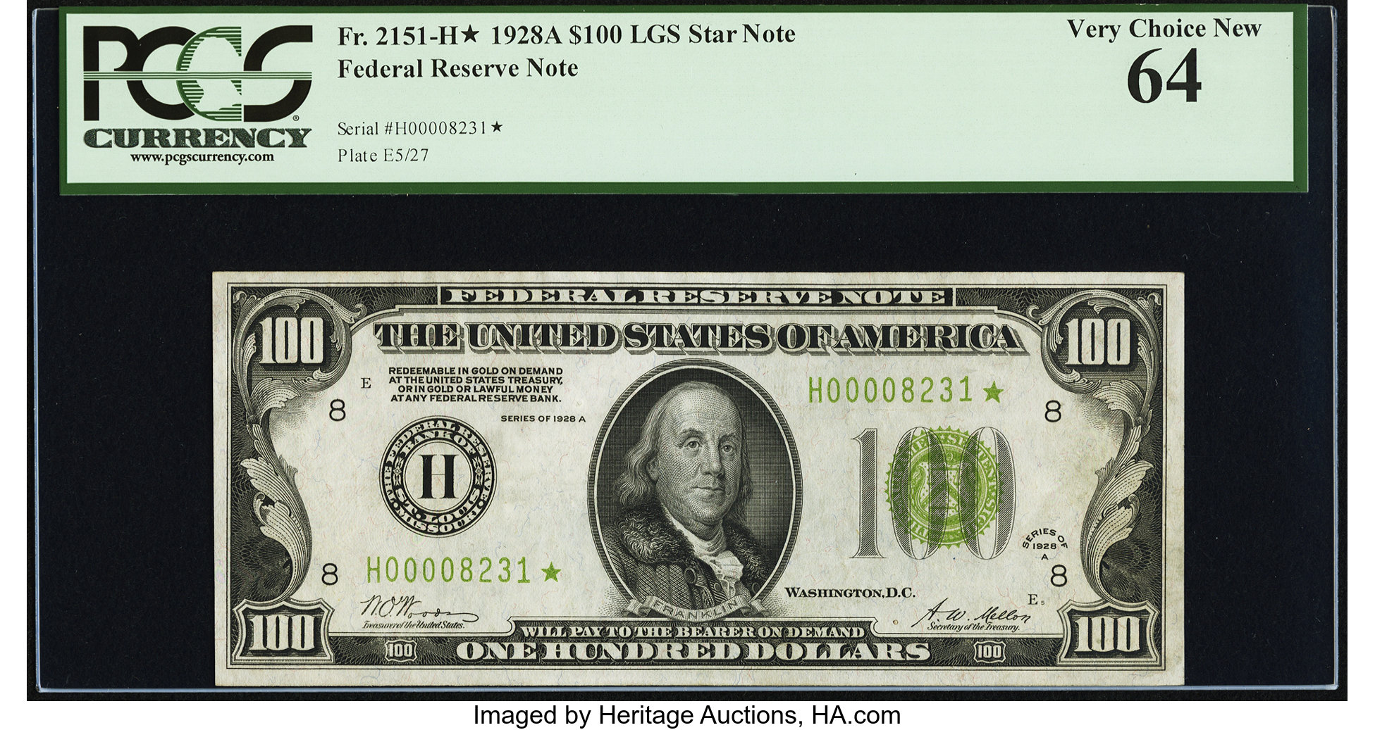 image for: Fr. 2151-H* $100 1928A Light Green Seal Federal Reserve Note. PCGS Very Choice New 64....