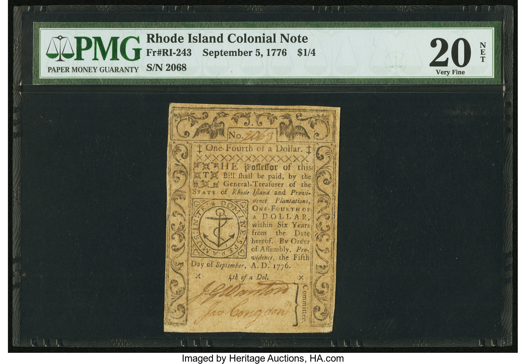 image for: Rhode Island September 5, 1776 $1/4 PMG Very Fine 20 Net....
