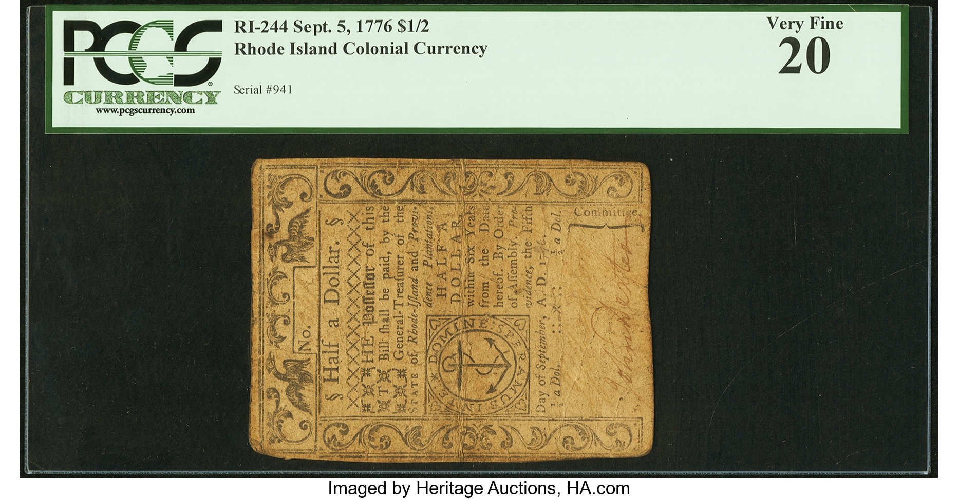 image for: Rhode Island September 5, 1776 $1/2 PCGS Very Fine 20....