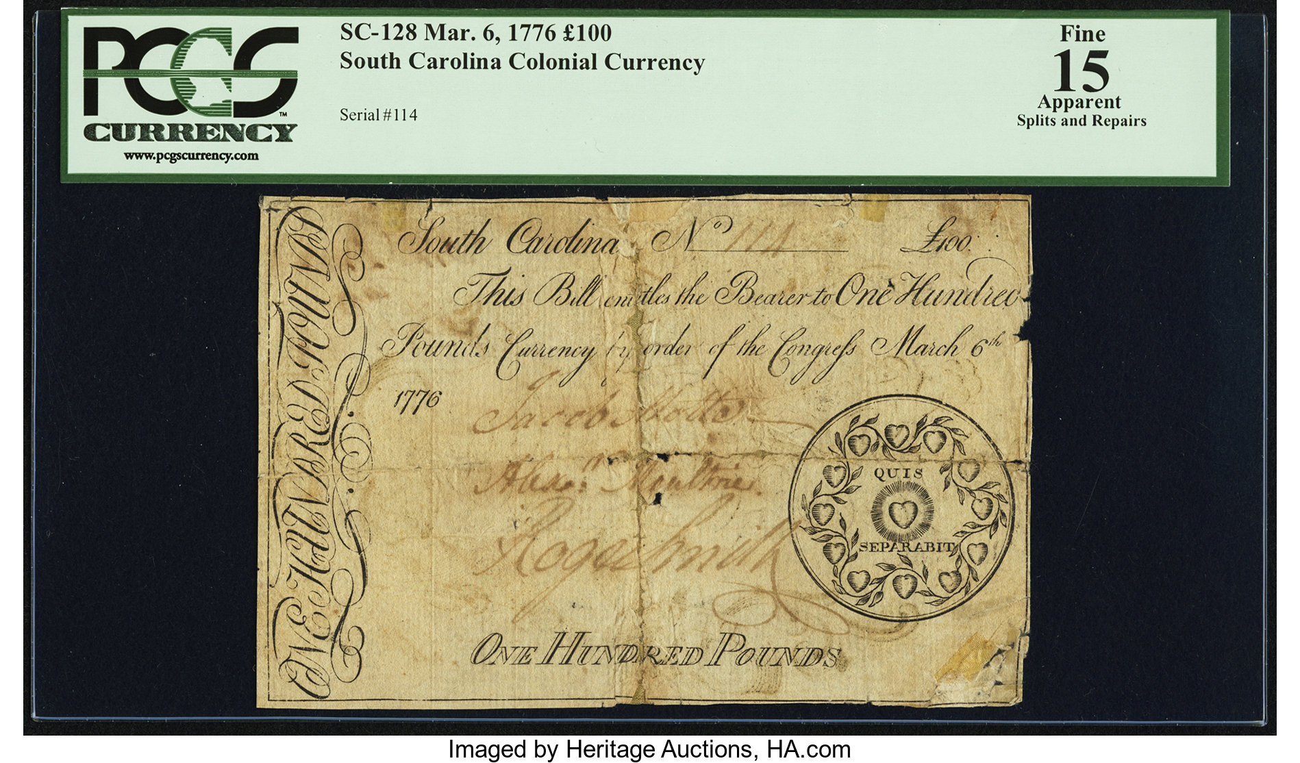 image for: South Carolina March 6, 1776 £100 PCGS Apparent Fine 15....