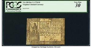 image for: Virginia October 5, 1778 $5 PCGS Very Fine 30....