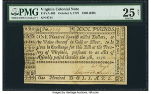 image for: Virginia October 5, 1778 $100 PMG Very Fine 25 Net....