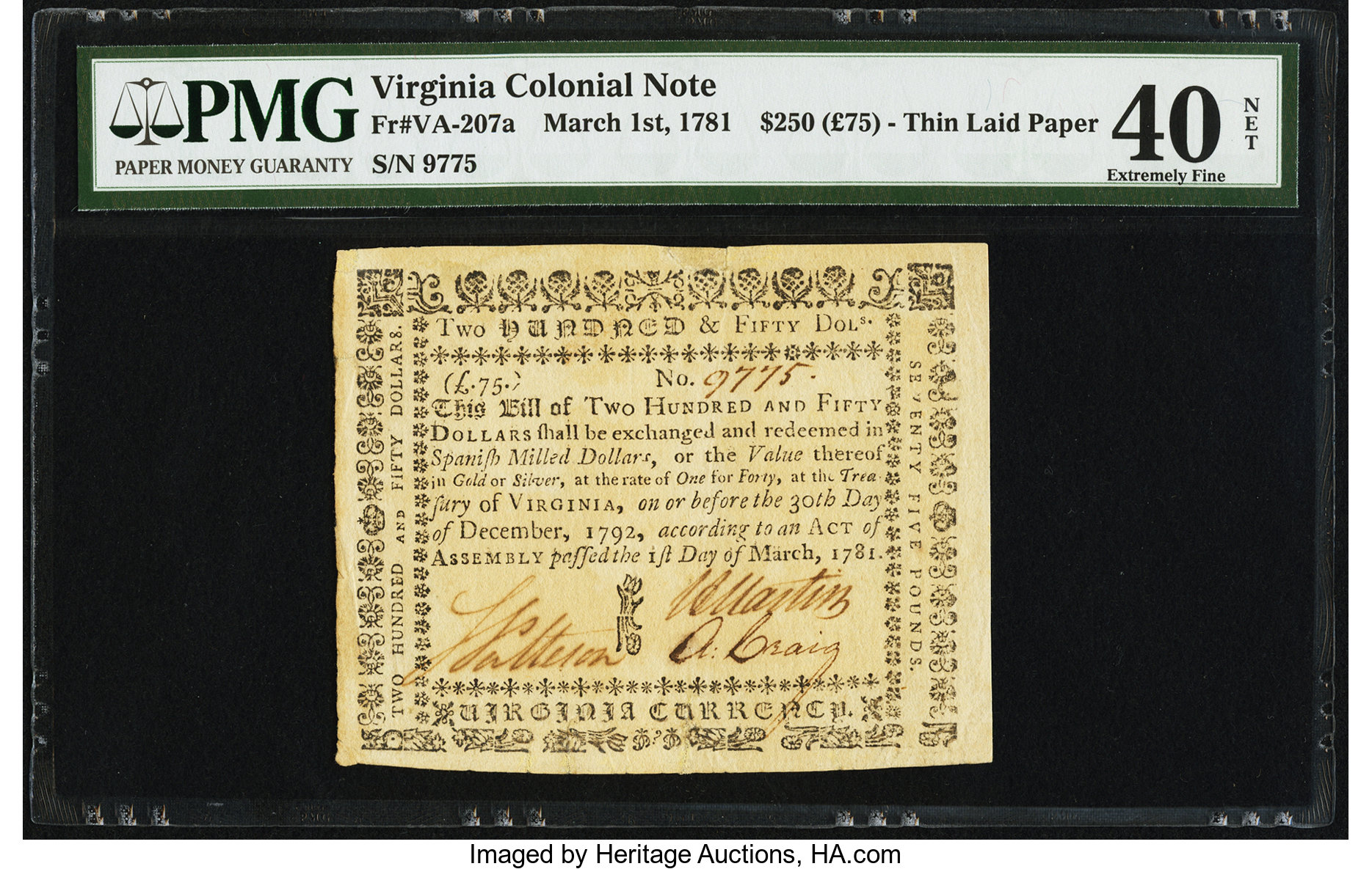 image for: Virginia March 1, 1781 $250 printed on thin laid paper PMG Extremely Fine 40 Net....