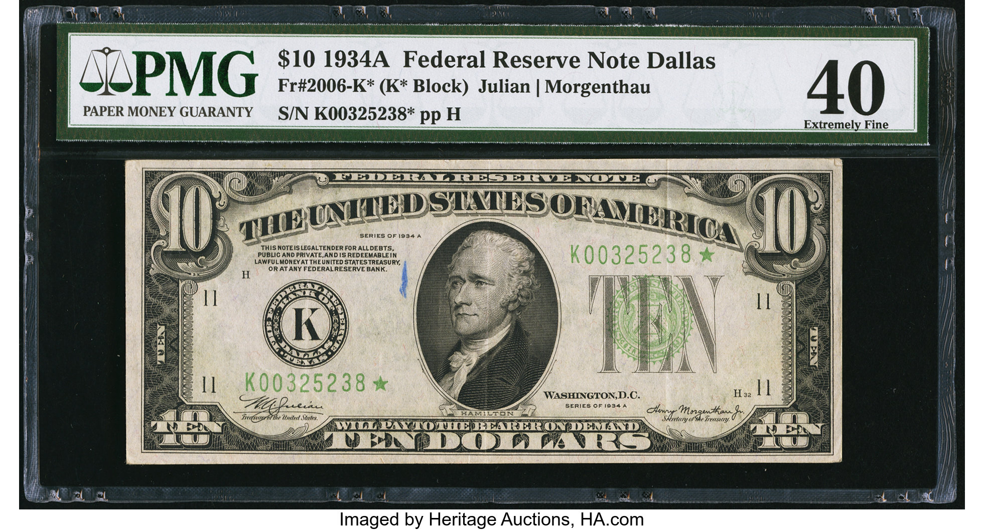 image for: Fr. 2006-K* $10 1934A Federal Reserve Note. PMG Extremely Fine 40....