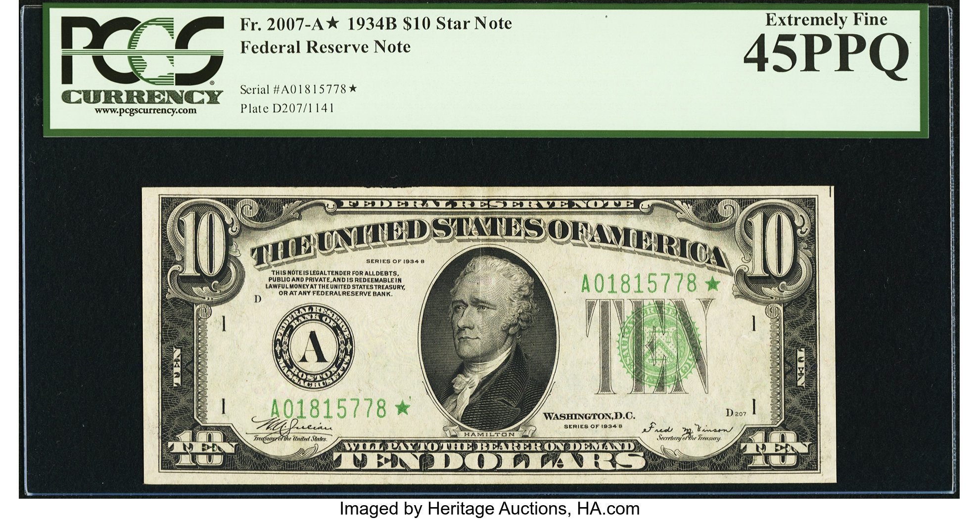 image for: Fr. 2007-A* $10 1934B Federal Reserve Note. PCGS Extremely Fine 45PPQ....