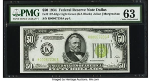 image for: Fr. 2102-K $50 1934 Light Green Seal Federal Reserve Note. PMG Choice Uncirculated 63....