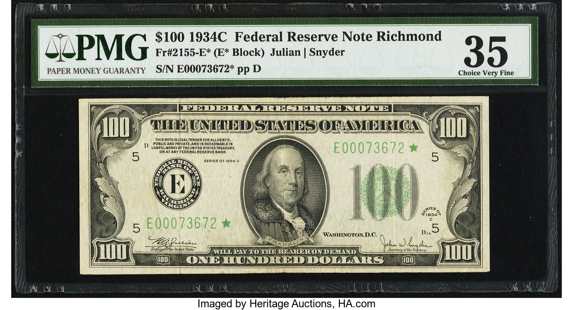 image for: Fr. 2155-E* $100 1934C Federal Reserve Note. PMG Choice Very Fine 35....