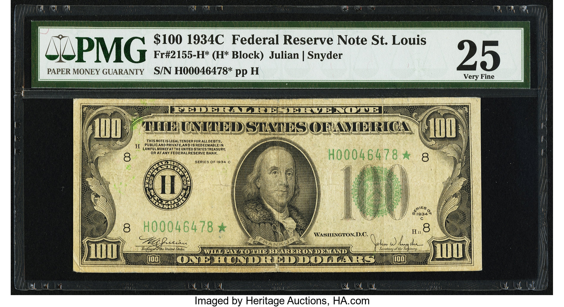 image for: Fr. 2155-H* $100 1934C Federal Reserve Note. PMG Very Fine 25....