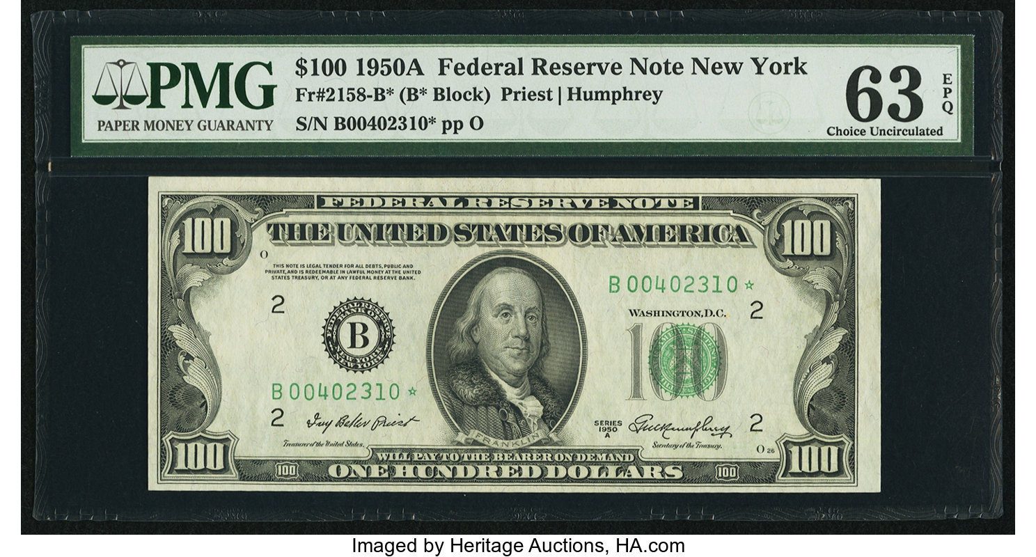 image for: Fr. 2158-B* $100 1950A Federal Reserve Star Note. PMG Choice Uncirculated 63 EPQ....