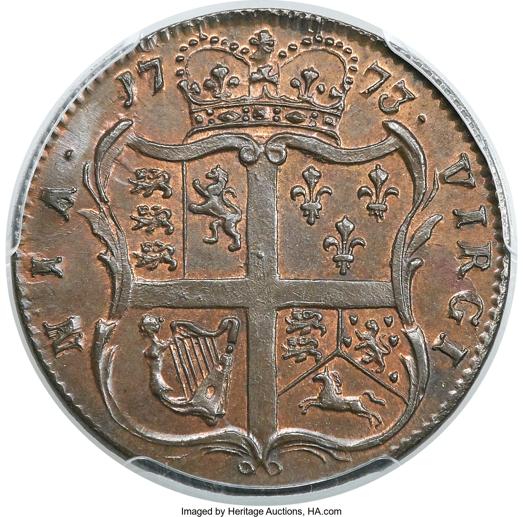 image for: 1773 1/2 P Virginia Halfpenny, No Period MS66 Brown PCGS. Newman 4-O, W-1470, R.4....