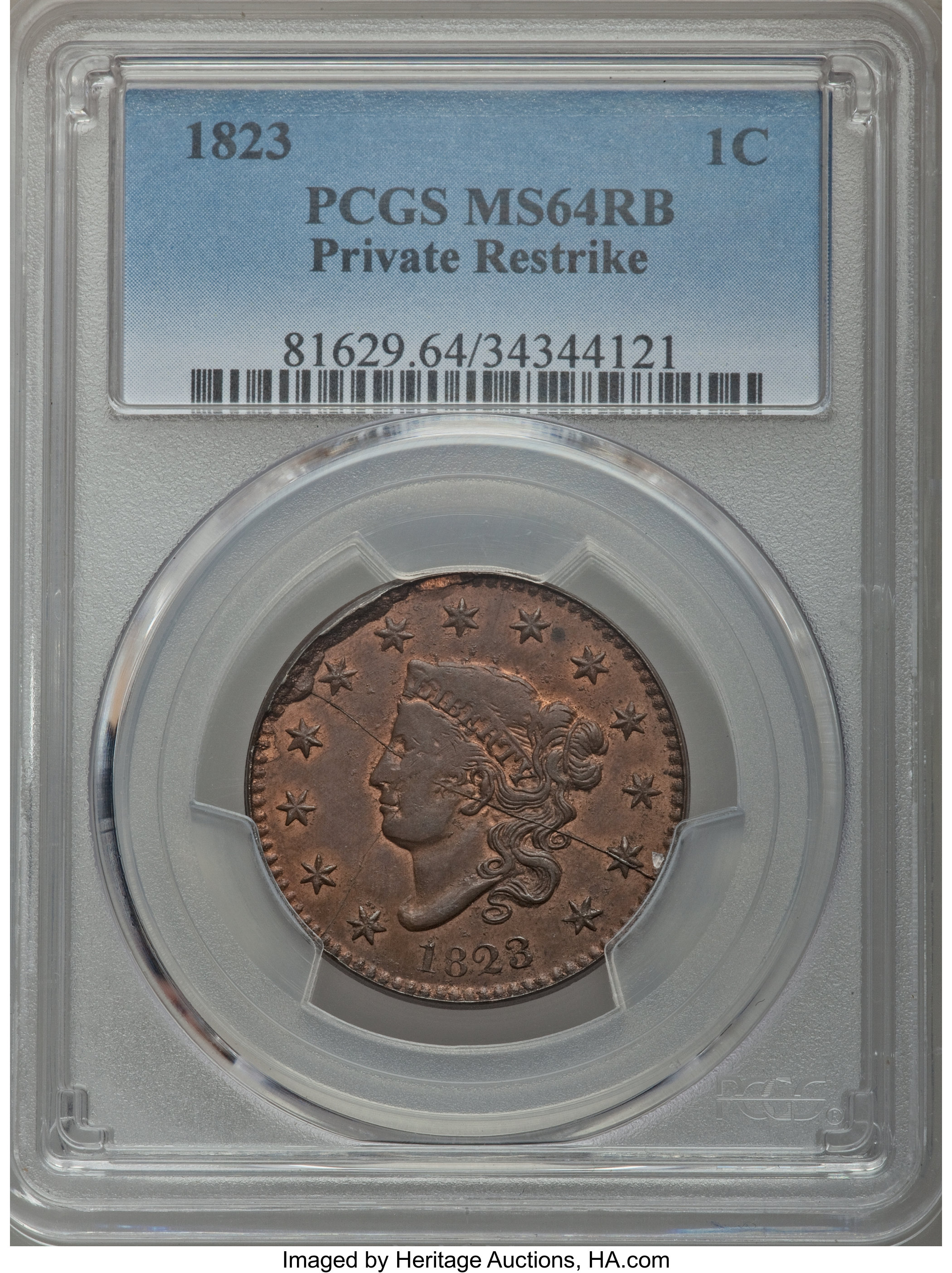 image for: 1823 1C Restrike, N-3, R.2, MS64 Red and Brown PCGS....
