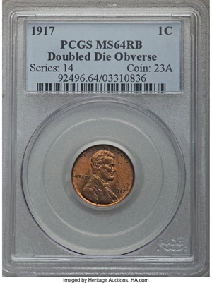 image for: 1917 1C Doubled Die Obverse MS64 Red and Brown PCGS....
