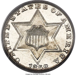 image for: 1858 3CS PR64+ Cameo PCGS....