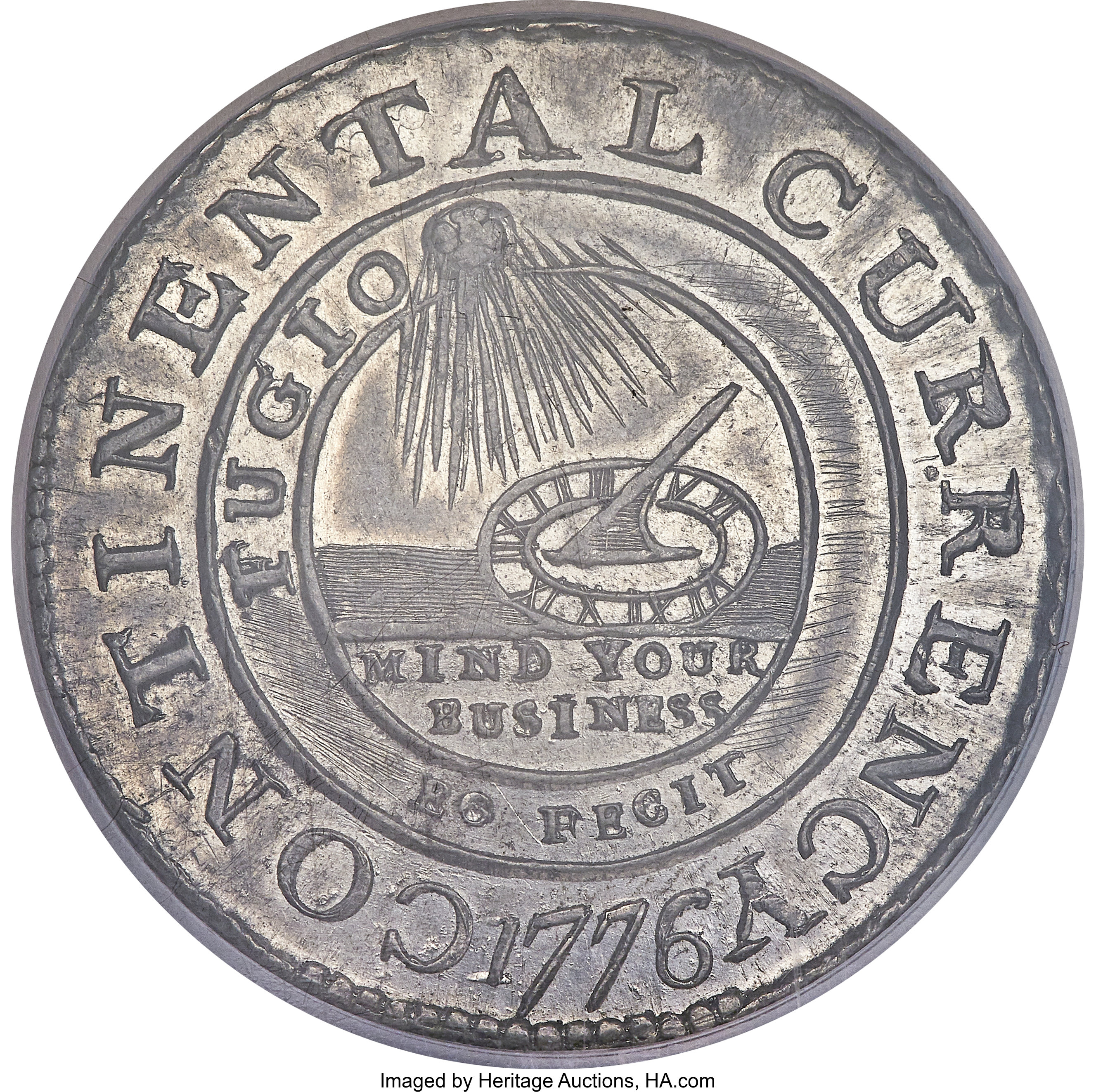 image for: 1776 $1 Continental Dollar, EG FECIT, Pewter -- Obverse Damage -- NCS. Unc Details. Newman 3-D, W-8460, R.4. ...