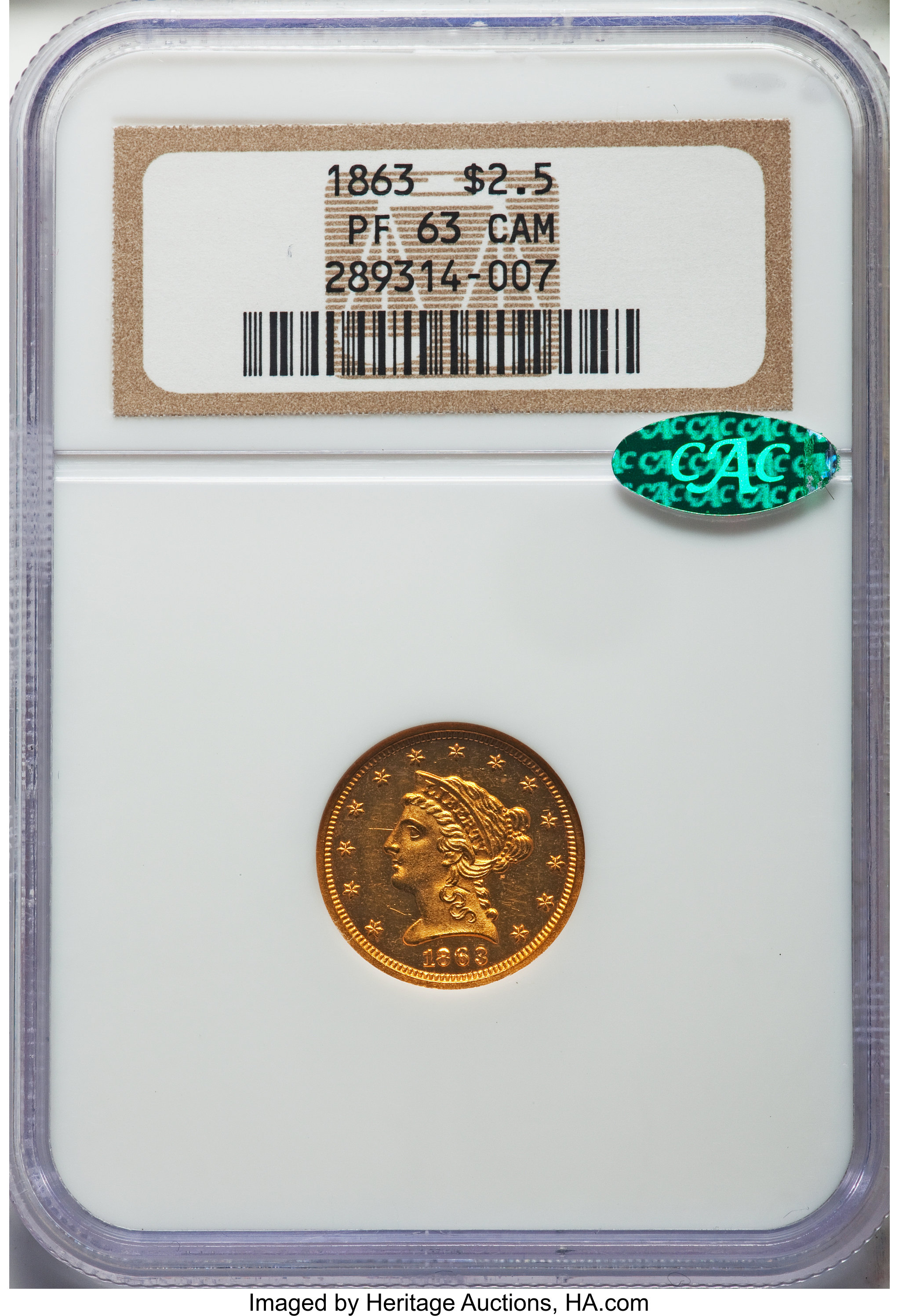 image for: 1863 $2 1/2 PR63 Cameo NGC. CAC....