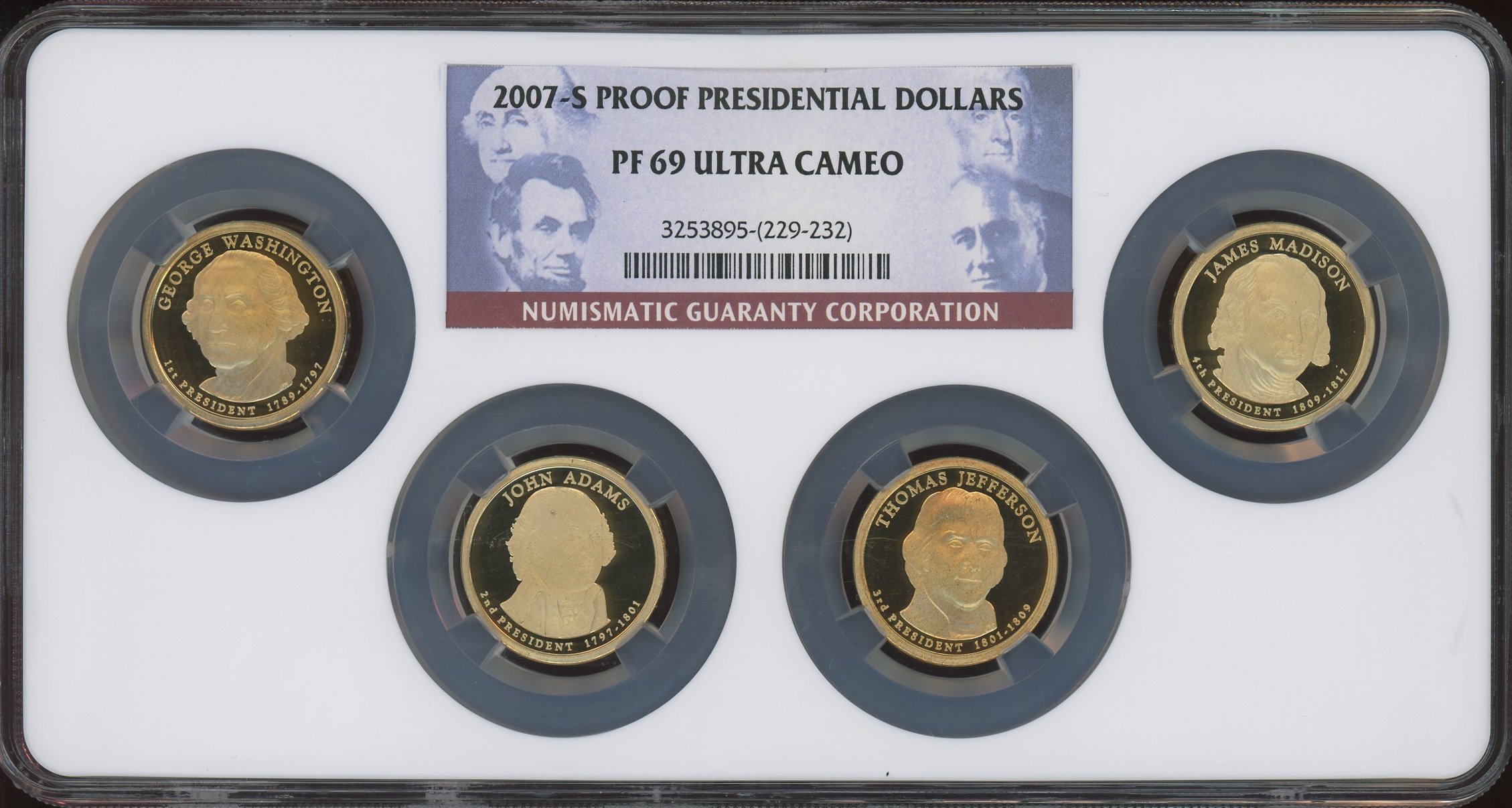 2007-S $1 Presidential Dollar Proof Set PR69 Ultra Cameo NGC. All housed in one NGC holder. George Washington; John Adams... (Total: 4 coins)