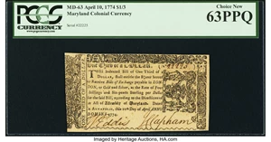 image for: Maryland April 10, 1774 $1/3 PCGS Choice New 63PPQ....