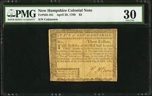 image for: New Hampshire April 29, 1780 $3 PMG Very Fine 30....