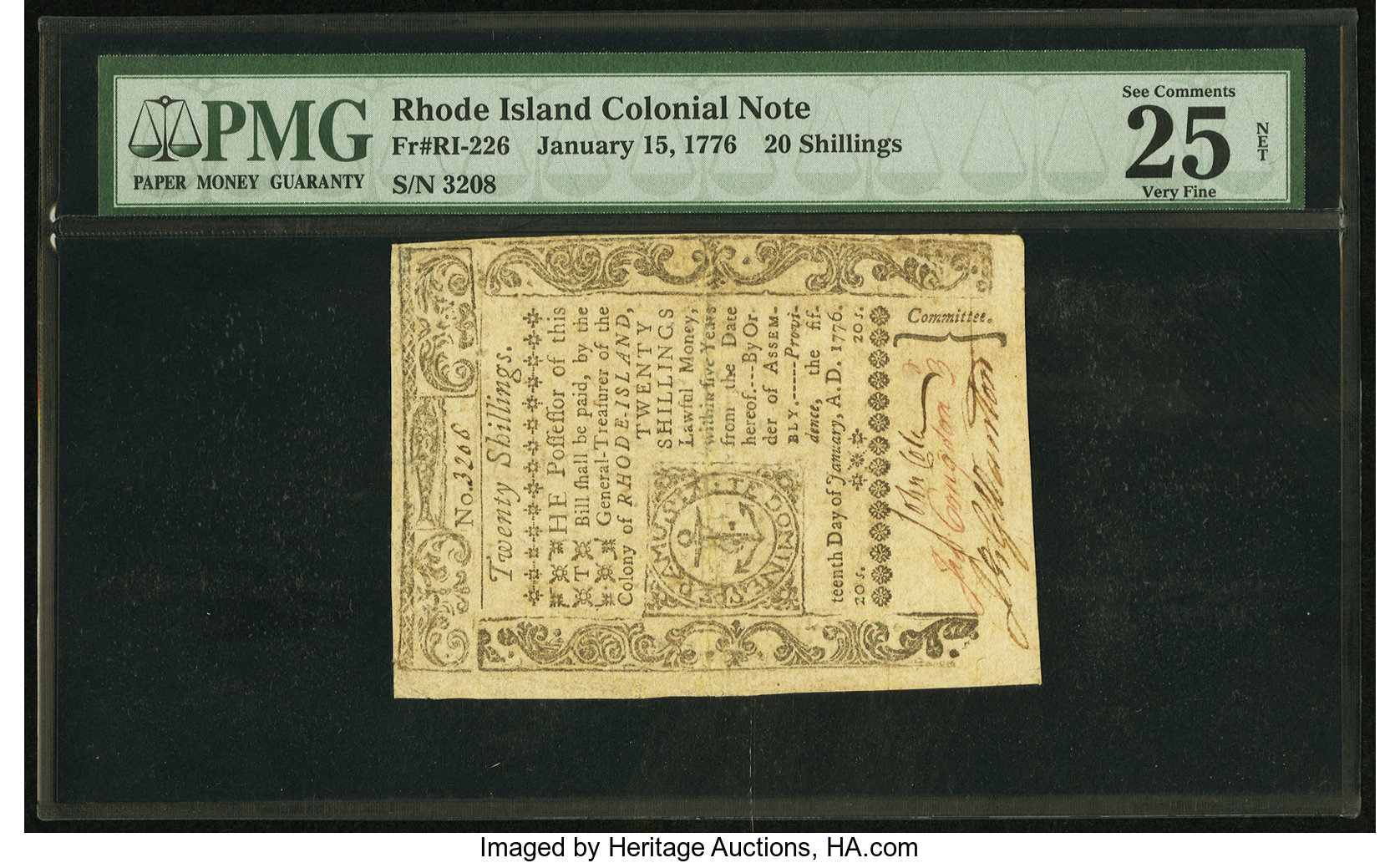 image for: Rhode Island January 15, 1776 20s PMG Very Fine 25 Net....