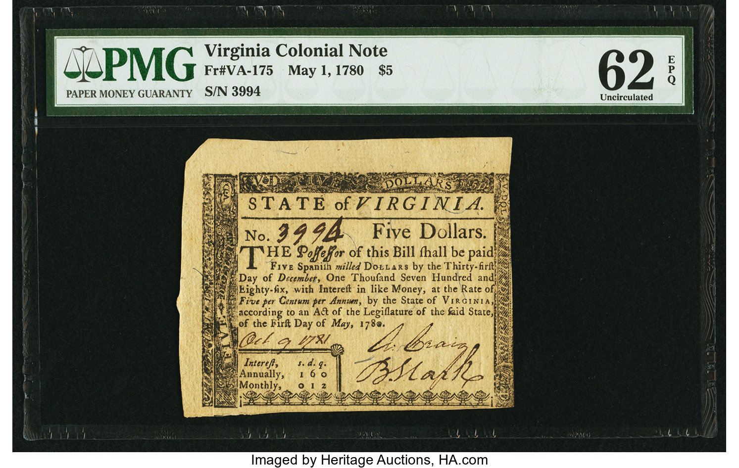 image for: Virginia May 1, 1780 $5 PMG Uncirculated 62 EPQ....