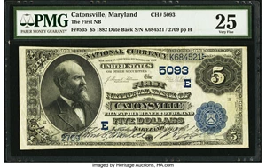 image for: Catonsville, MD - $5 1882 Date Back Fr. 535 The First NB Ch. # (E)5093...