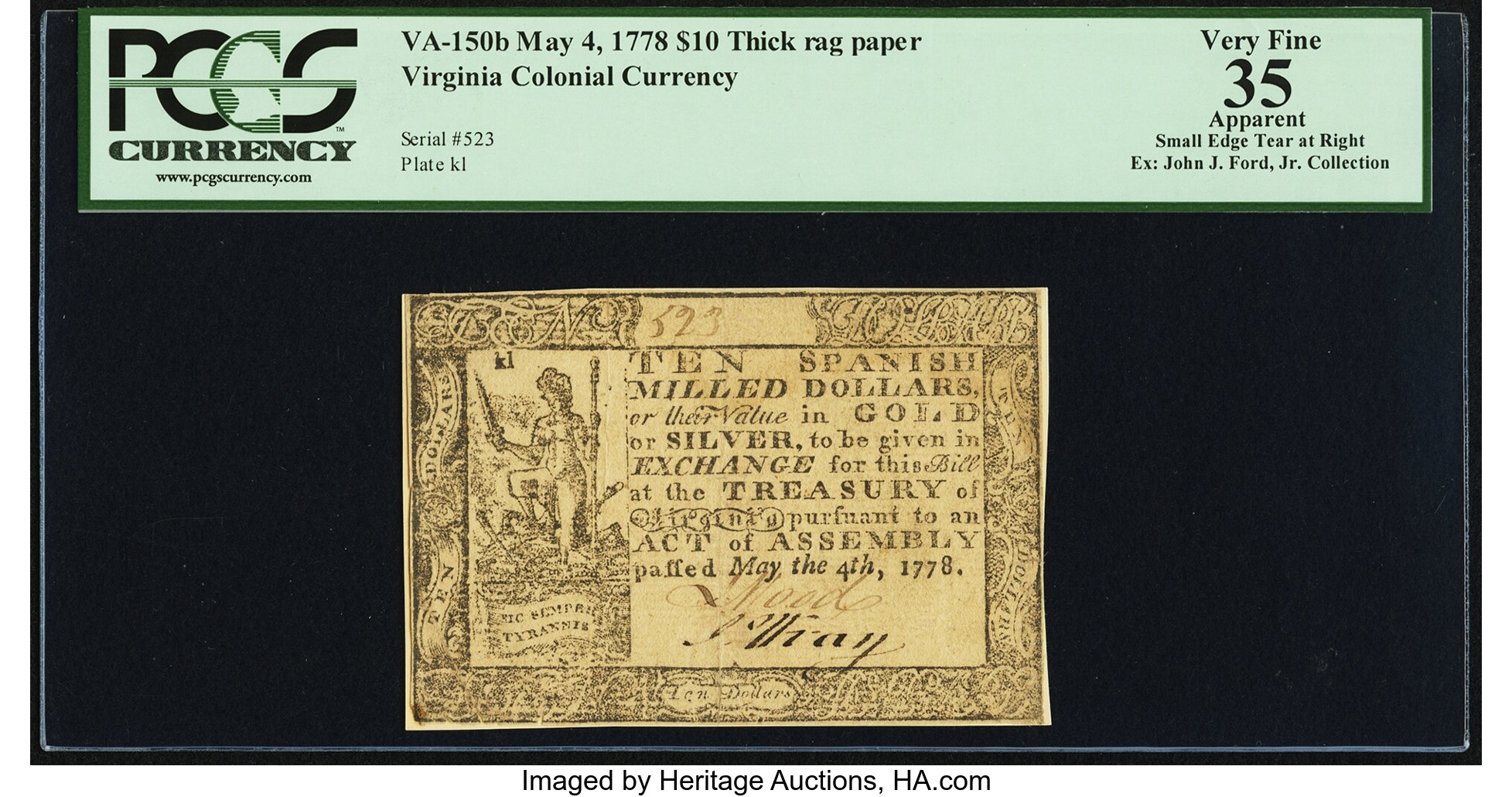 image for: Virginia May 4, 1778 (Dates Printed) $10 PCGS Apparent Very Fine 35....