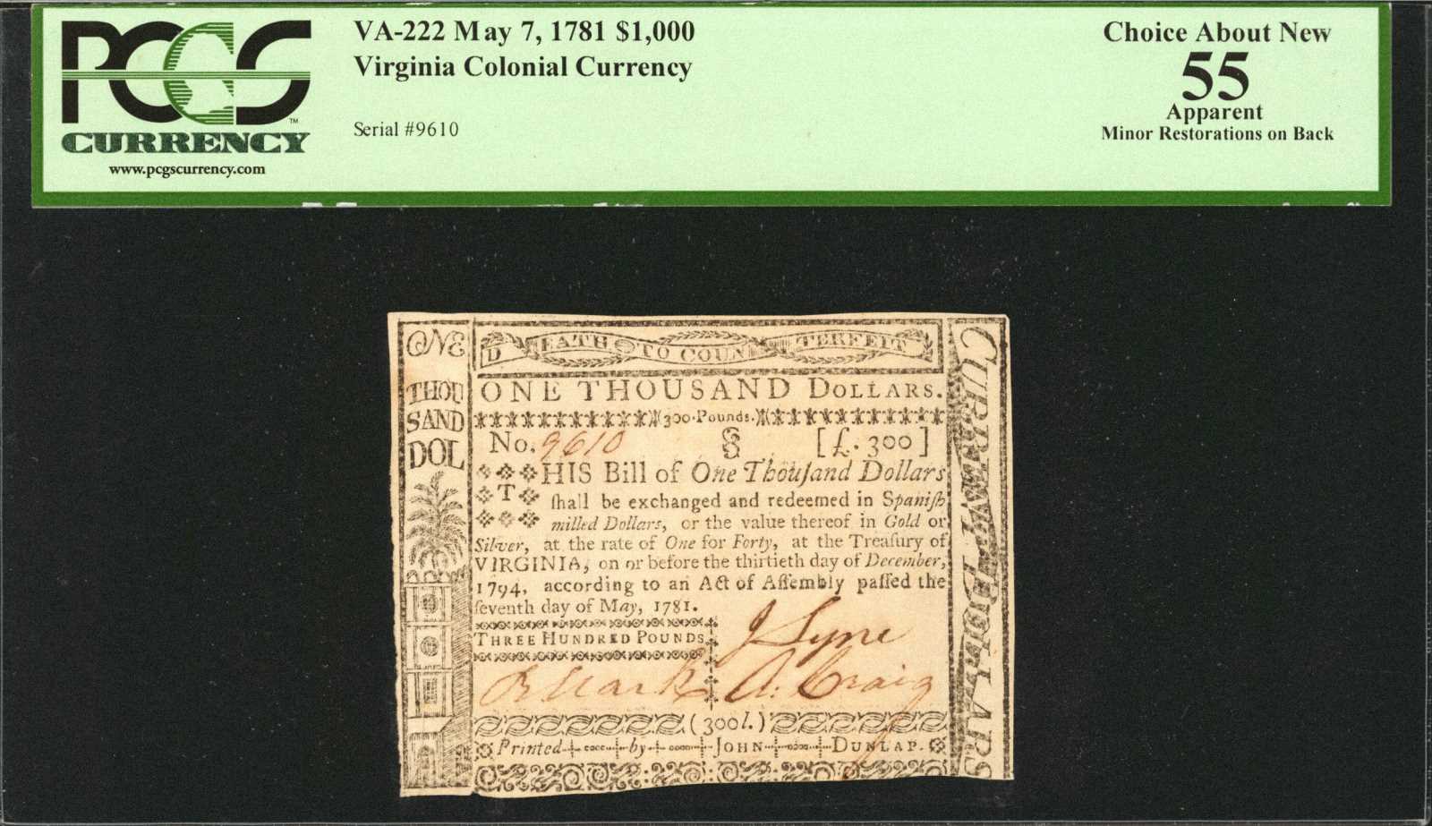 image for: VA-222. Virginia. May 7, 1781. $1000. PCGS Choice About New 55 Apparent. Minor Restorations on Back.