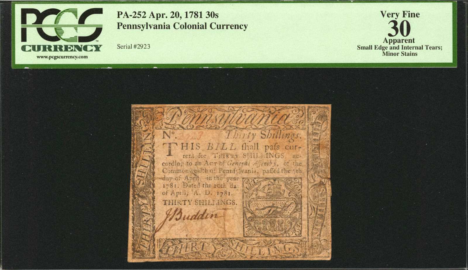 image for: PA-252. Pennsylvania. April 20, 1781. 30 Shillings. PCGS Very Fine 30 Apparent. Small Edge and Internal Tears, Minor Stains.