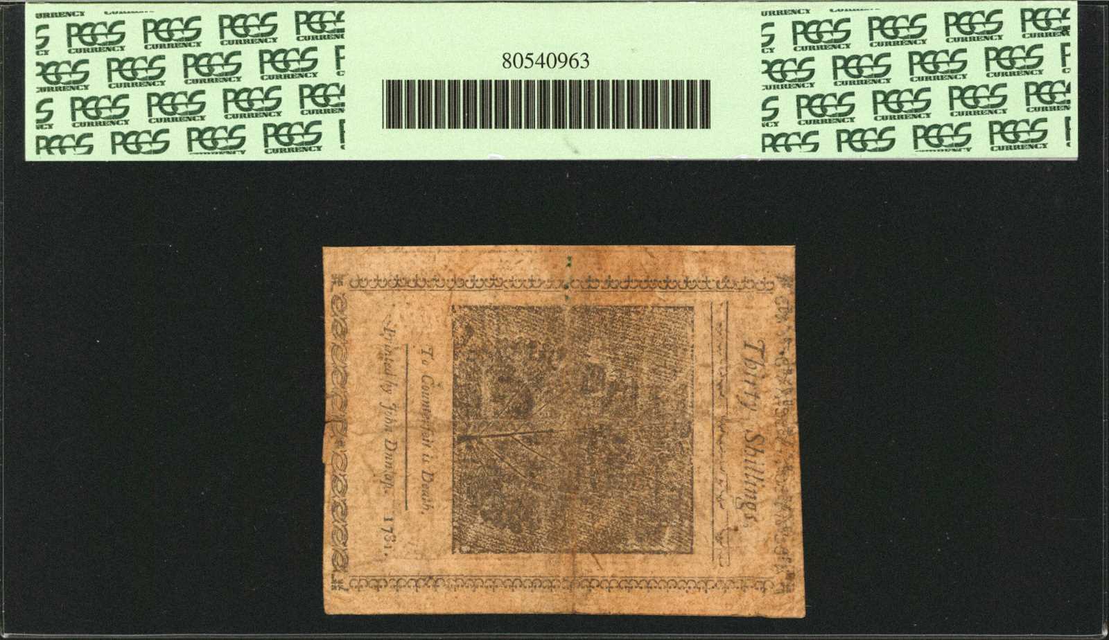image for: PA-252. Pennsylvania. April 20, 1781. 30 Shillings. PCGS Very Fine 30 Apparent. Small Edge and Internal Tears, Minor Stains.