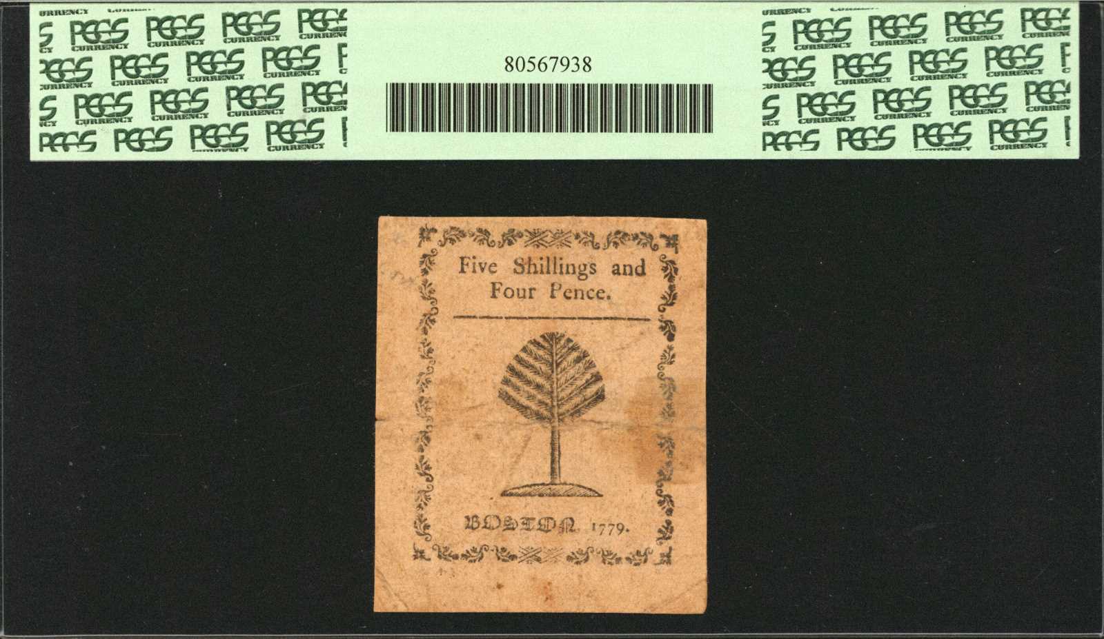 image for: MA-276. Massachusetts. 1779. 5 Shillings 4 Pence. PCGS Very Fine 25 Apparent. Edge Splits, Hinge Repair on Back.