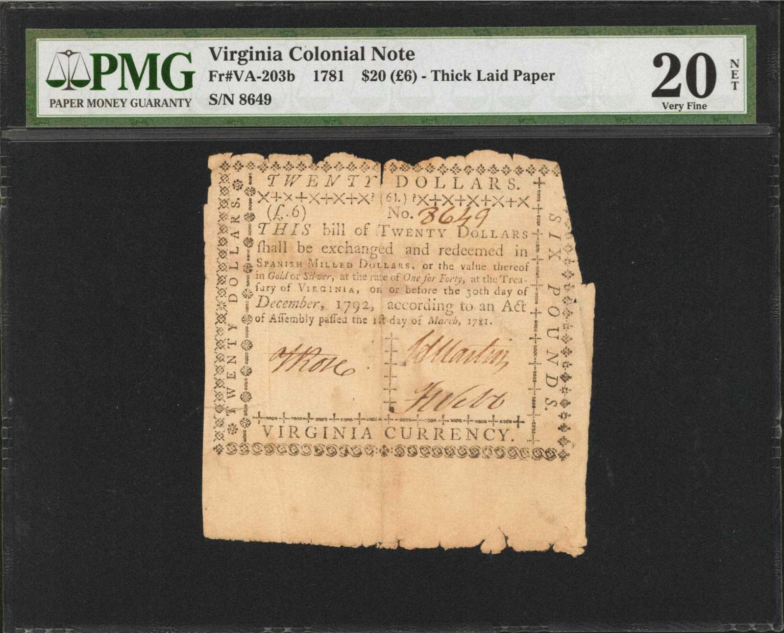 image for: VA-203b. Virginia. March 1, 1781. $20 (6 Pounds). PMG Very Fine 20 Net. Corner Missing, Tears, Stains.