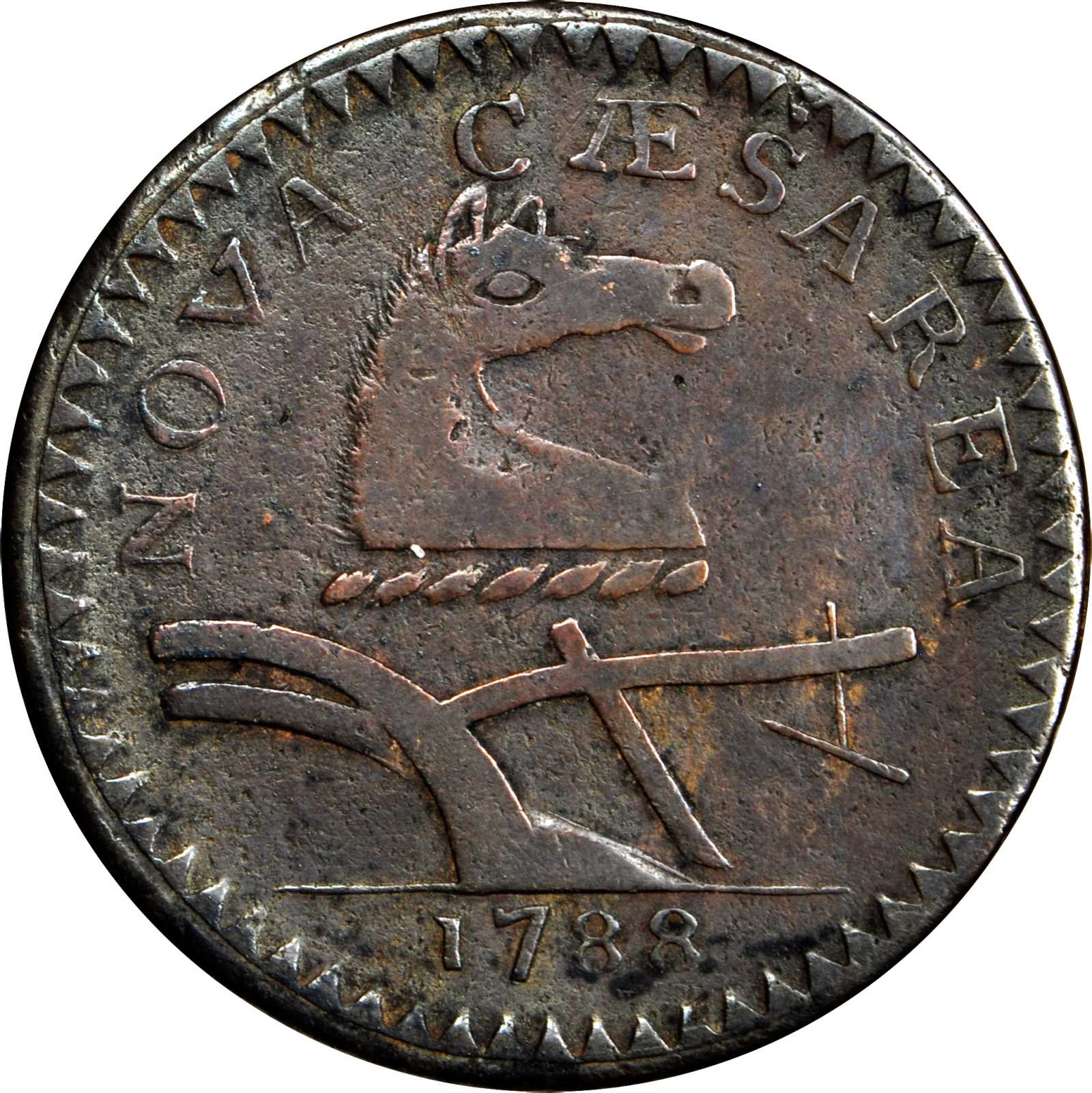 image for: 1788 New Jersey Copper. Maris 65-u, W-5495. Rarity-4. Horse�s Head Right. VF-30 (PCGS).