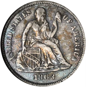image for: 1863 Liberty Seated Dime. Fortin-101a. Rarity-5. Net VF-20 (ANACS). EF Details--Scratched. OH.