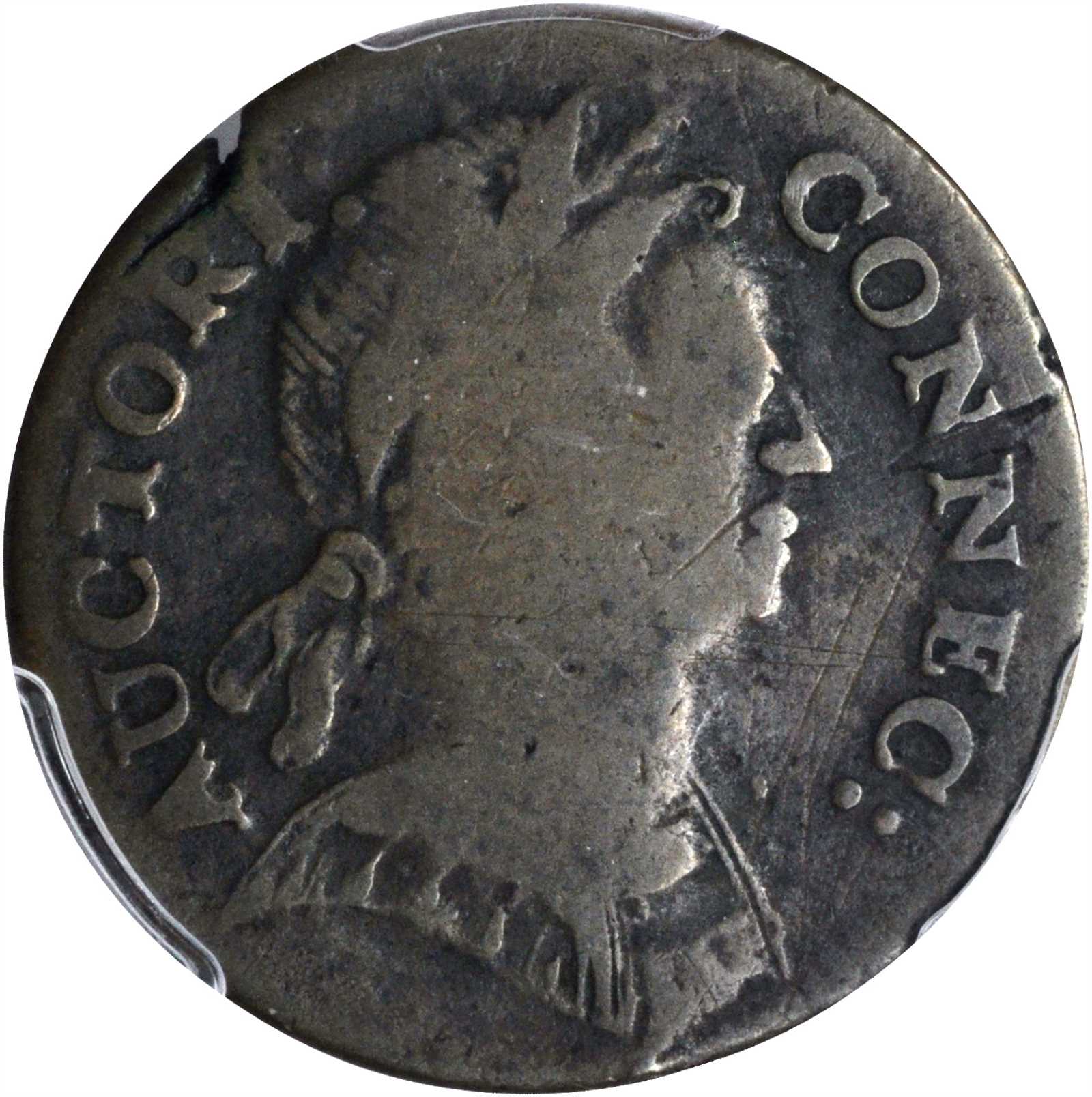 1785 Connecticut Copper. Miller 5-F.5, W-2385. Rarity-4. Bust Right. Good-6 (PCGS).