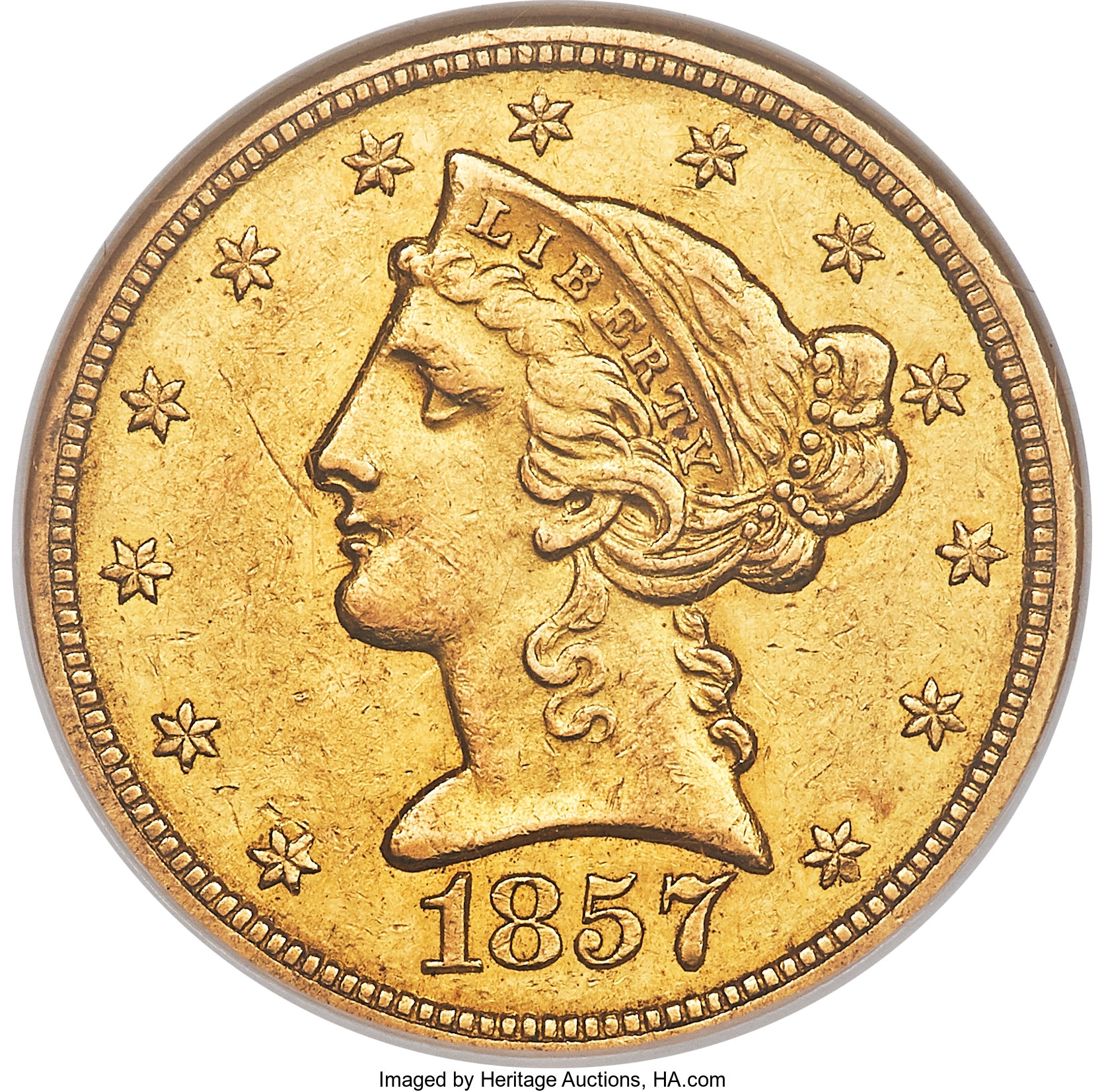 image for: 1857-O $5 AU58 NGC. Variety 1....