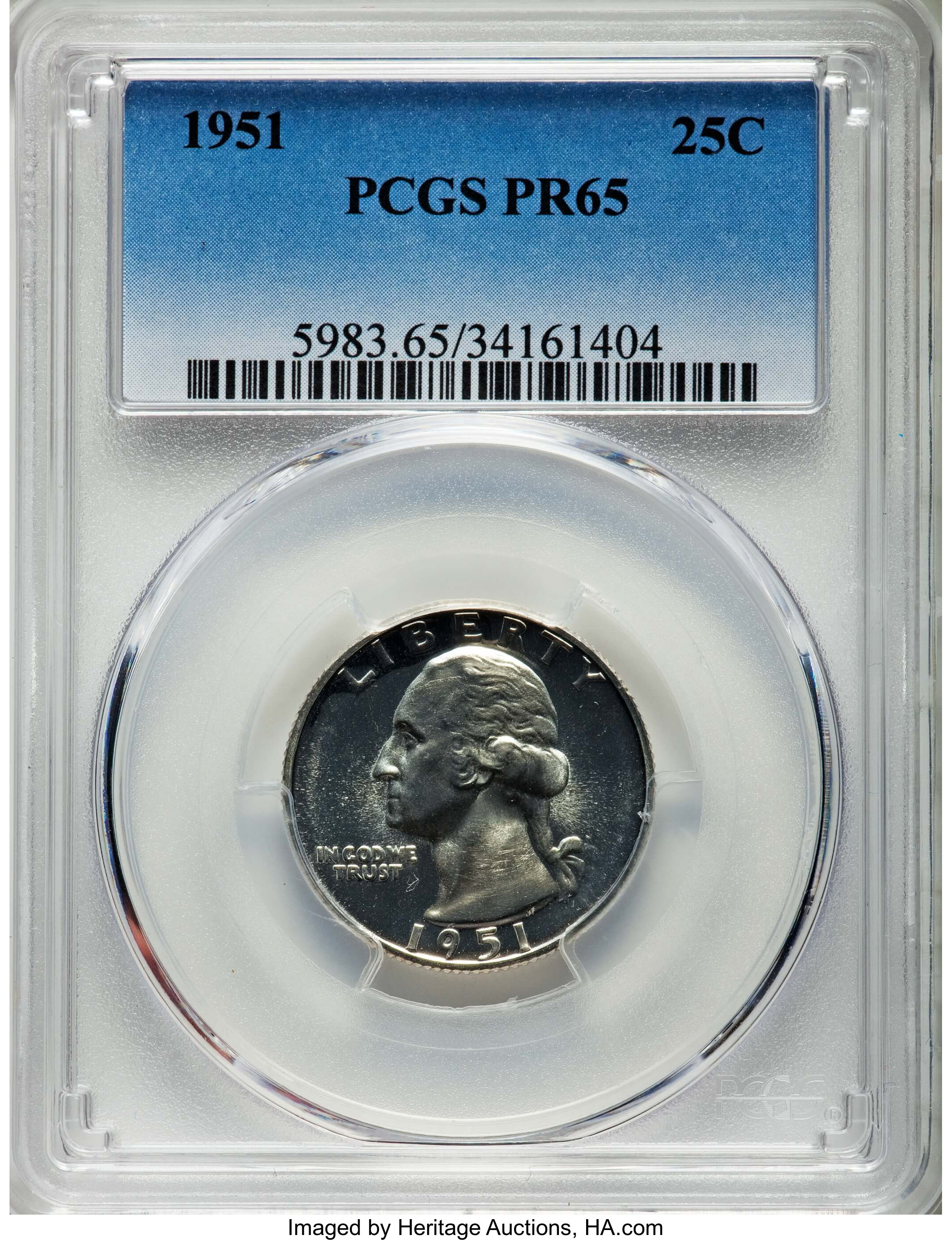 1951 25C PR65 PCGS. PCGS Population: (559/1166). NGC Census: (324/1137). CDN: $45 Whsle. Bid for problem-free NGC/PCGS PR65...