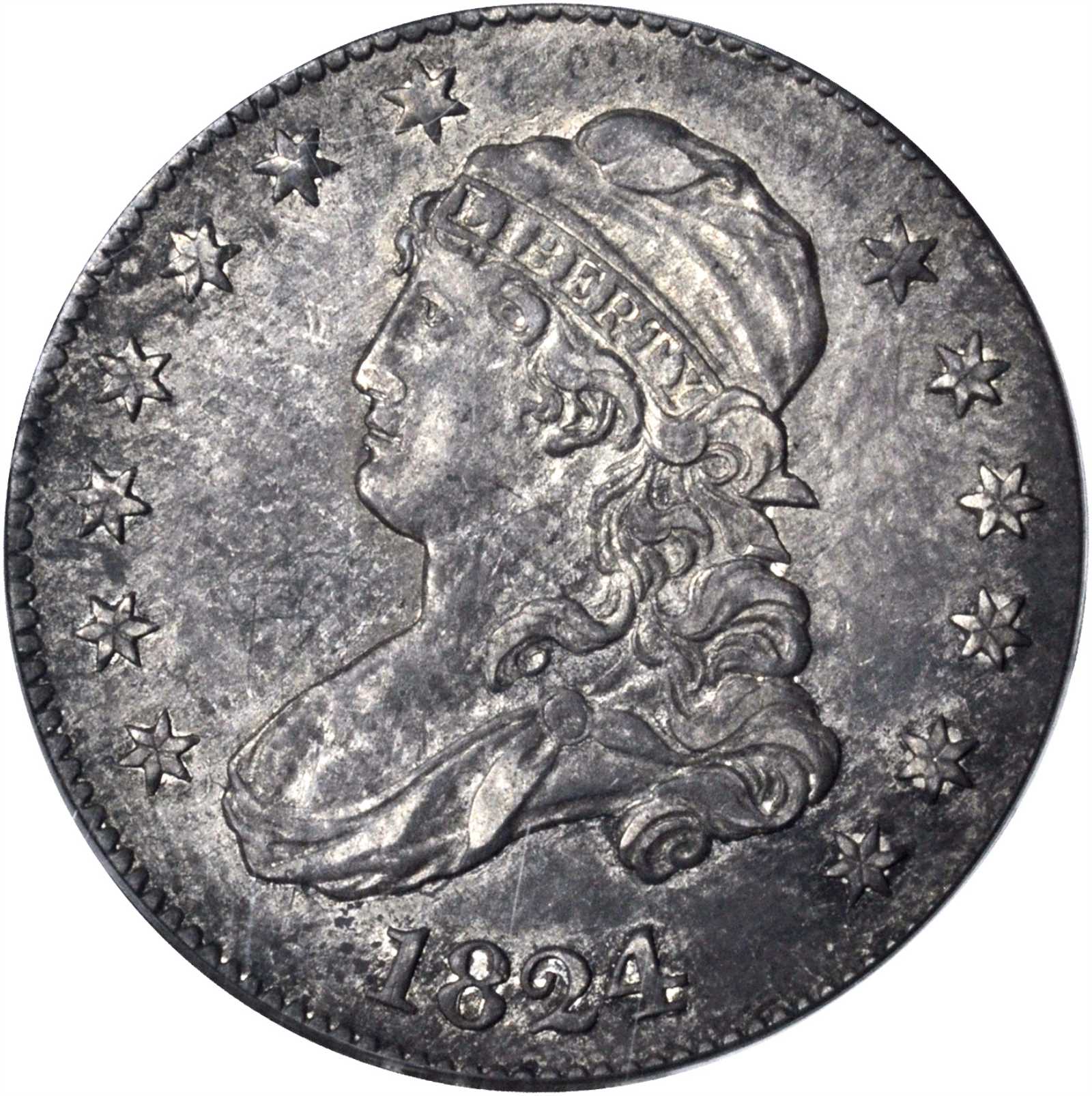 1824/2 Capped Bust Quarter. B-1, the only known dies. Rarity-3. AU-50 (PCGS).