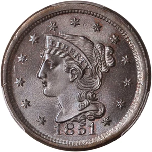 image for: 1851 Braided Hair Cent. N-6. Rarity-1. MS-67 BN (PCGS).