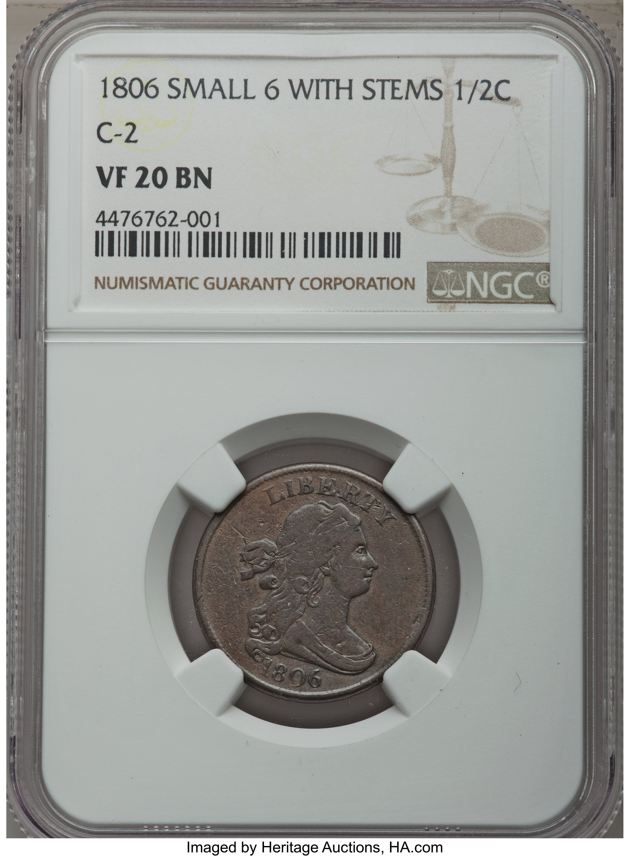 1806 1/2 C Small 6, Stems, C-2, B-1, R.4, VF20 NGC. NGC Census: (0/0). PCGS Population: (0/8). CDN: $205 Whsle. Bid for pro...