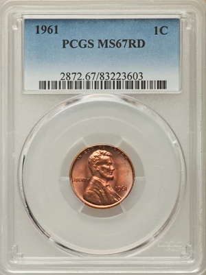 image for: 1961 1C MS67 Red PCGS. PCGS Population: (24/0). NGC Census: (6/0). Mintage 756,373,248. ...